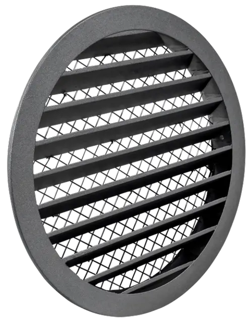 Wetterschutzgitter in runder Form und dunkler Farbe mit horizontalen Lamellen, geeignet für die Außen- oder Fortluft von Wolf.